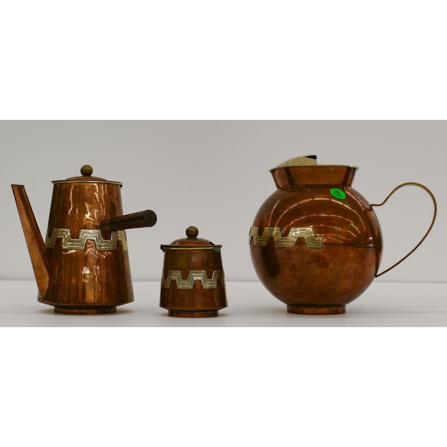 3pc Vintage Mexican Copper Pitcher, Teapot and Sugar - Largest 8''