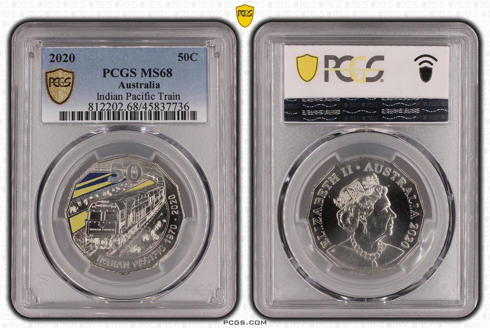 Indian Pacific Train Colourised, Fifty Cent, 2020, PCGS MS68