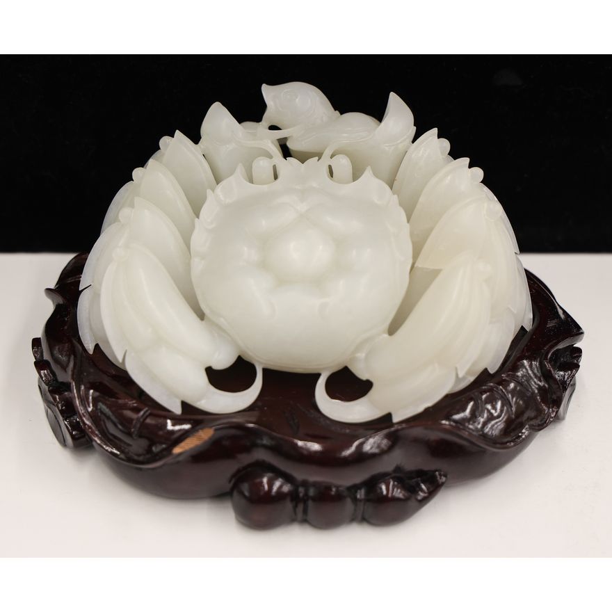 Fine Chinese White Jade Crab Carving on Stand