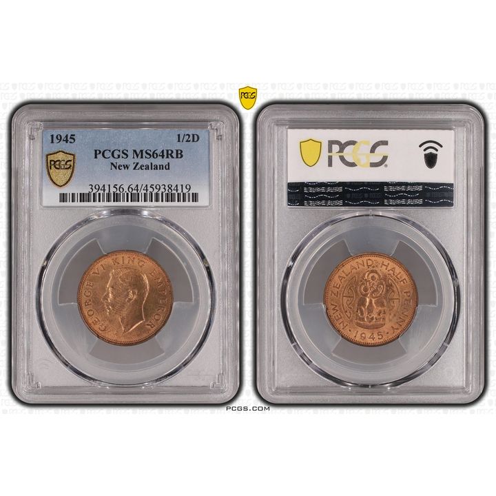 1945 New Zealand Half Penny PCGS - MS64RB POP 4/0 -419
