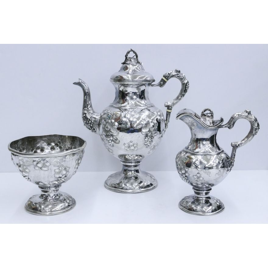 3pc John Kitts Kentucky Coin Silver Repousse Tea Service