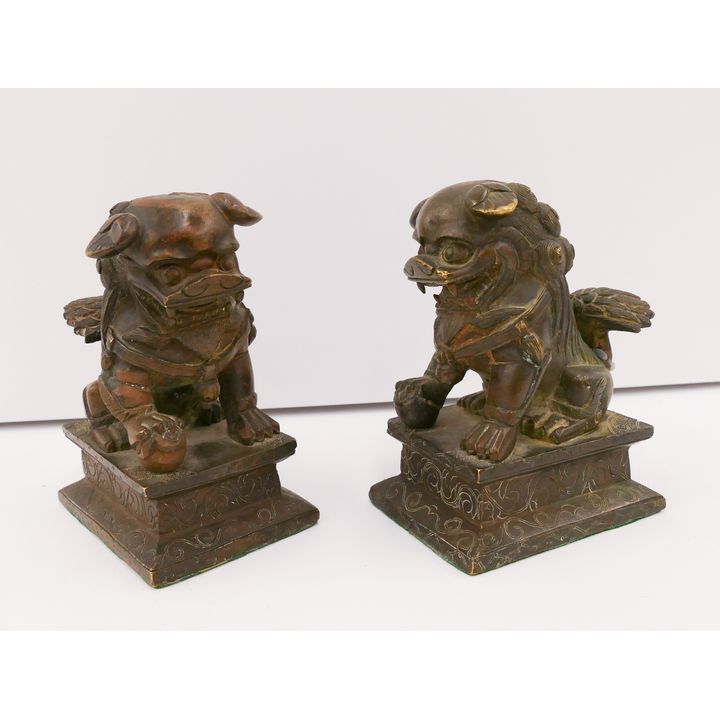 Pair Antique Chinese Bronze Foo Lions- 4''