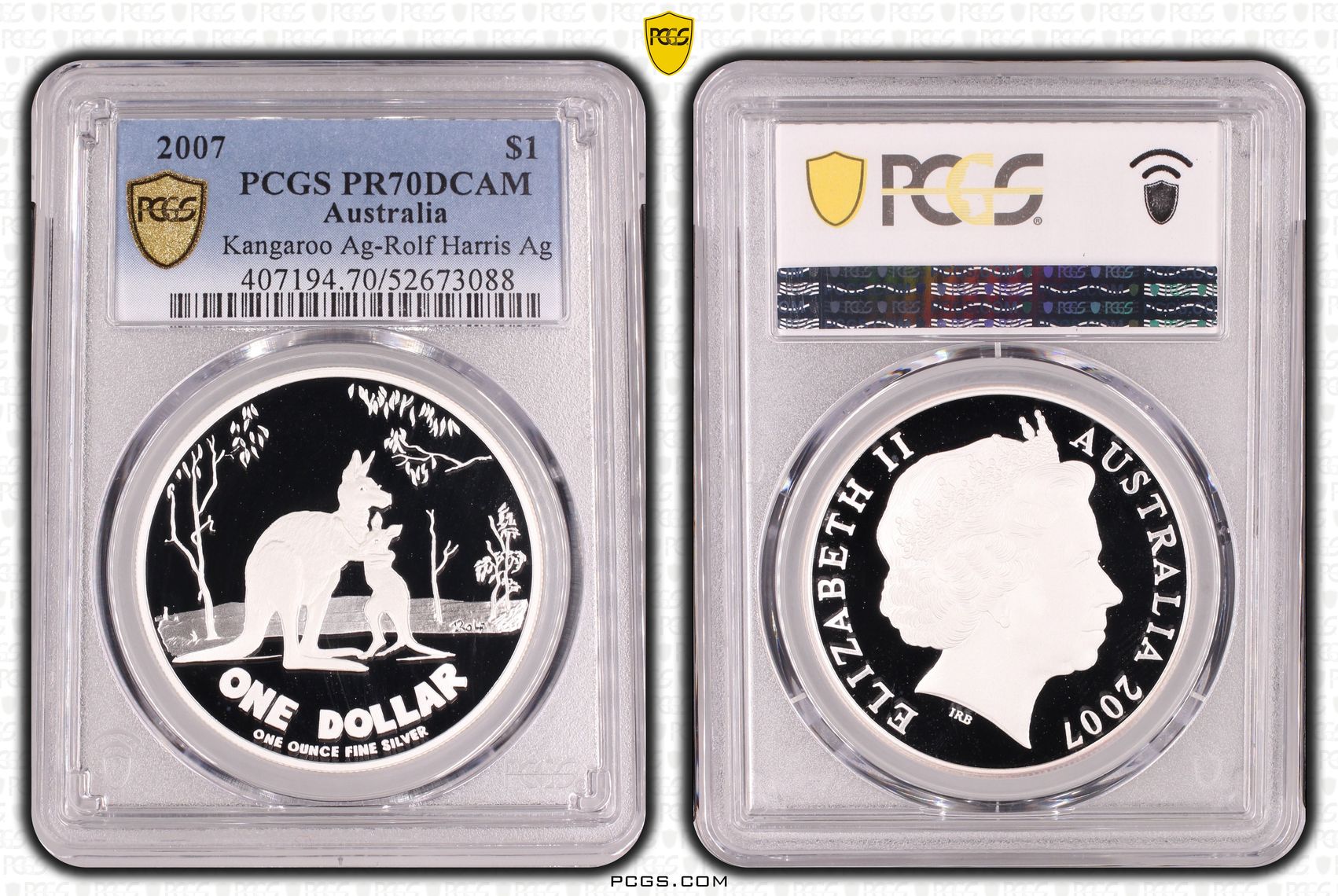Kangaroo Rolf Harris Silver, POP 6/0, One Dollar, 2007, PCGS PR70DCAM