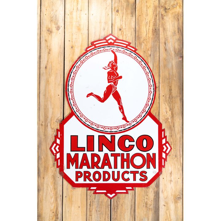Linco/Marathon Products w/ Runner Logo Double Sided Porcelain Sign TAC 8.75 & 8.25