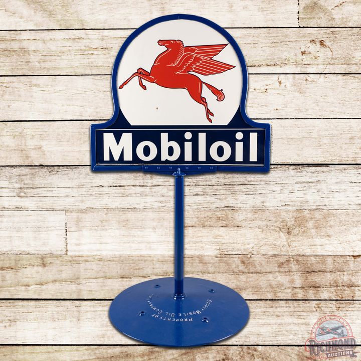 Mobiloil Service Station Die Cut Double Sided Porcelain Curb Sign w/ Base & Pegasus