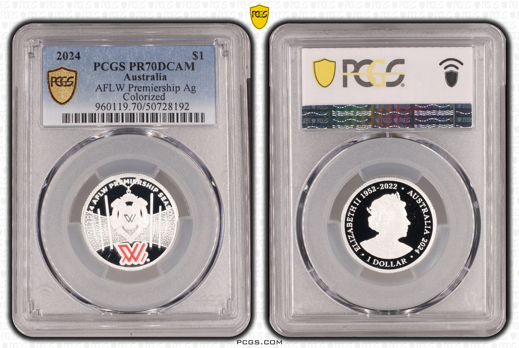 AFLW Premiership Ag Colorized, POP 5/0, One Dollar, 2024, PCGS PR70DCAM
