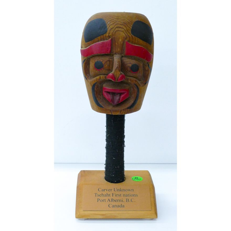 NW Coast Tsehaht Carved Cedar Rattle on Stand 13''