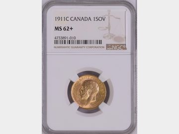1911 GEORGE V CANADA MINT GOLD SOVEREIGN MS62+
