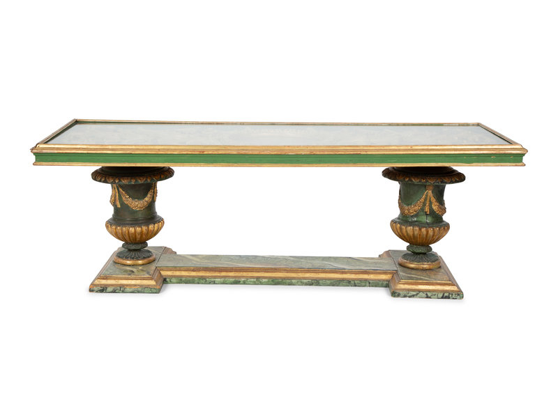 An Italian Faux Marble and Giltwood Two-Pedestal Coffee Table 
Height 19 1/4 x width 61 x depth 21 inches.