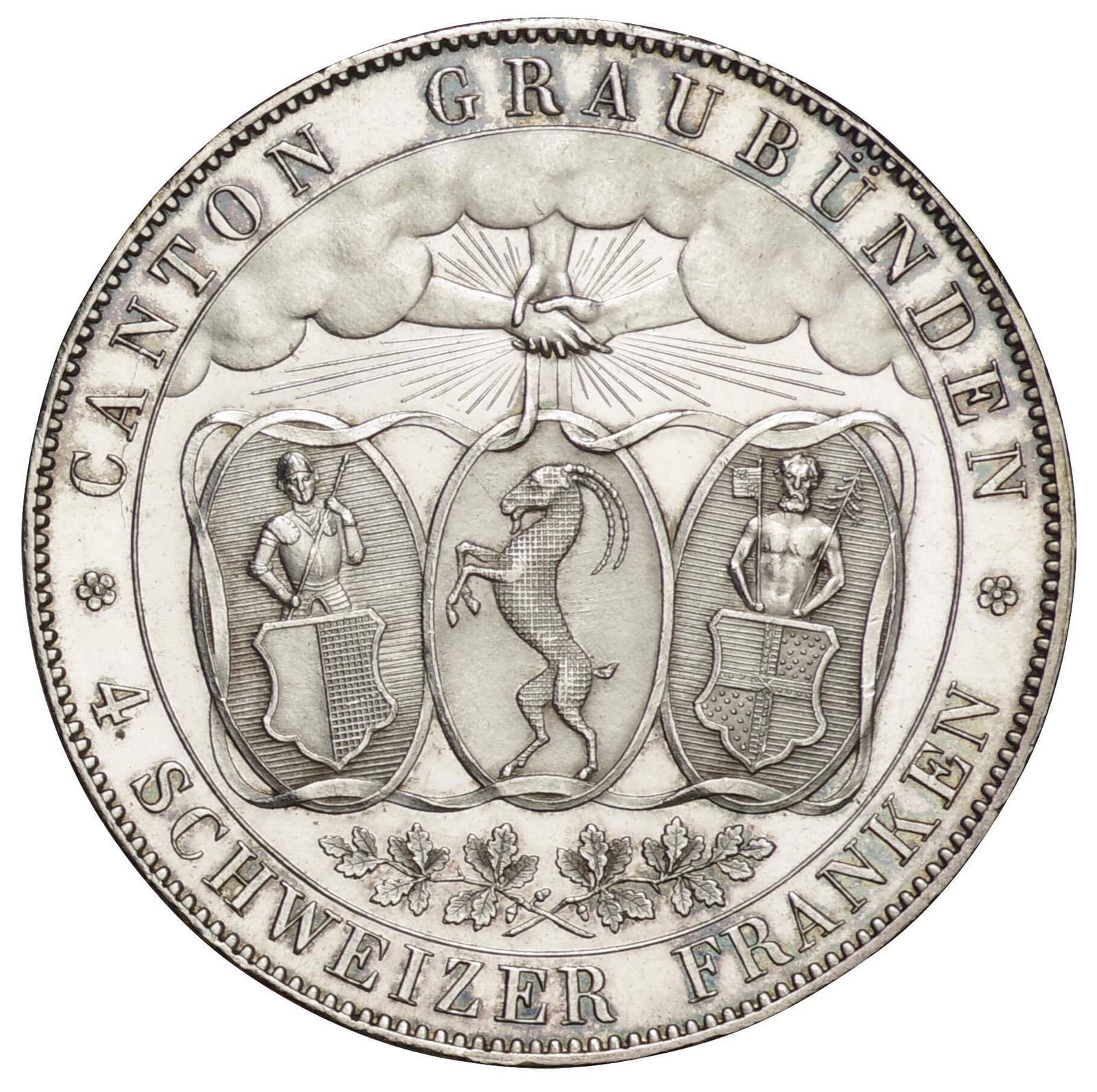 スイス-Switzerland. 1842. Silver. 4フランケン(Franken). 未使用