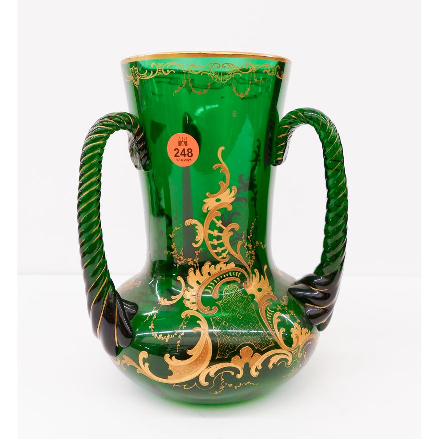 Antique Bohemian Green Gilt Glass Loving Cup Vase- 8''