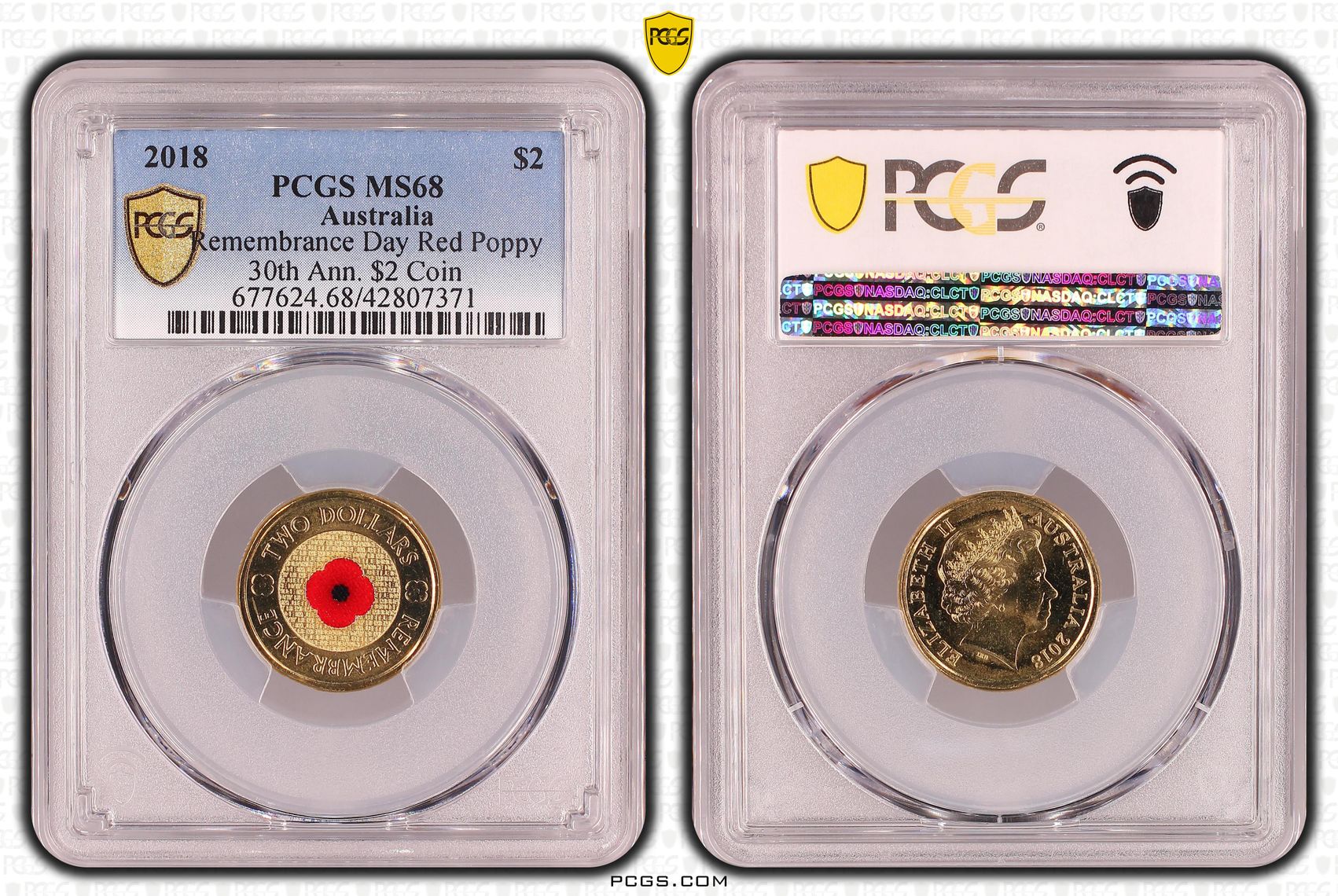 Elizabeth II, Remembrance Day Red Poppy 30th Anniversary Coin, Two Dollar, MS68 , 2018