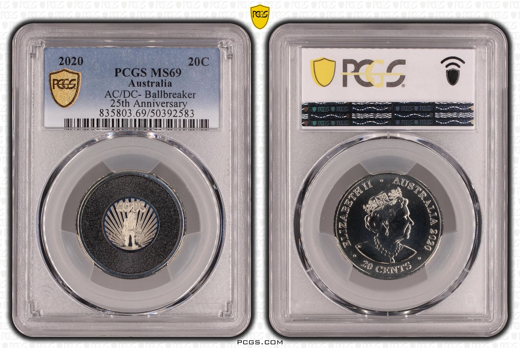 152 · Elizabeth II, AC/DC- Ballbreaker 25th Anniversary  POP 94/0, Twenty Cent, 2020, PCGS MS69