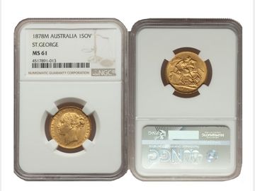 1878 Queen Victoria Young Head Melbourne Mint George and Dragon Gold Sovereign. Graded by MS61