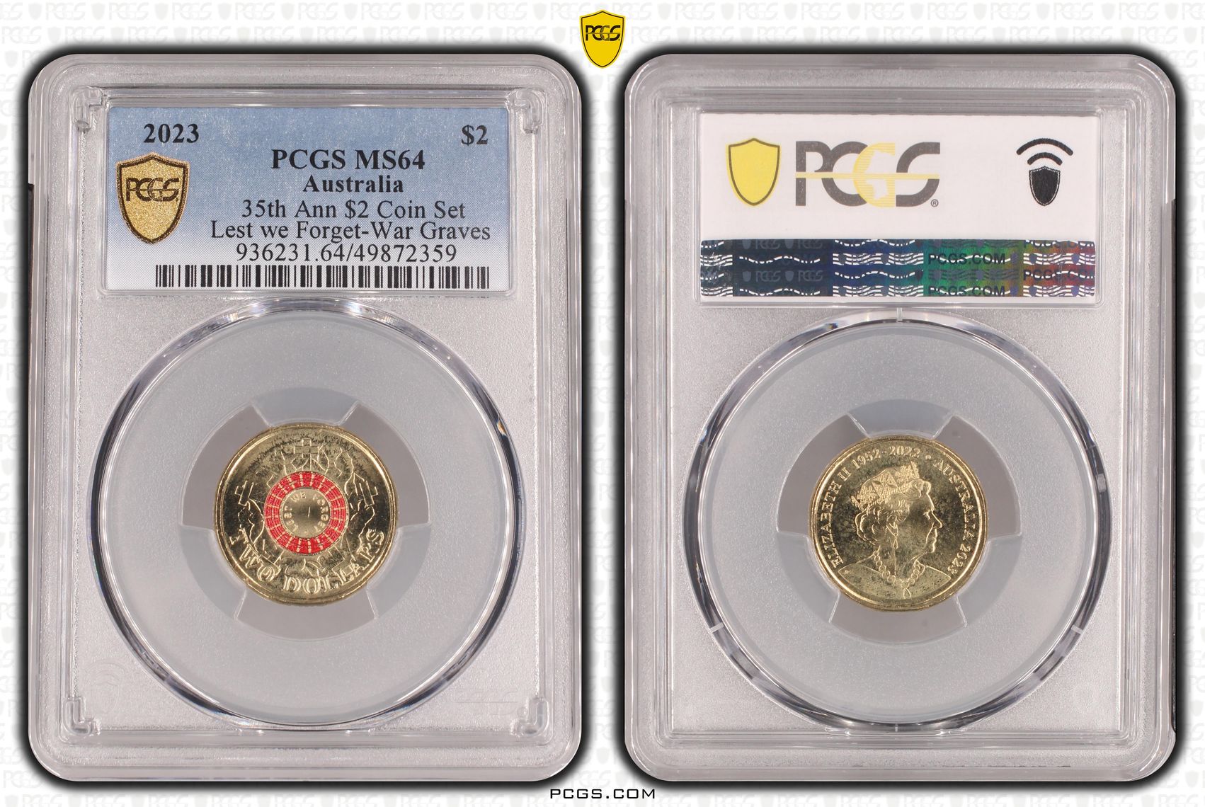 35th Ann $2 Coin Set Colourised Lest We Forget-War Graves, Two Dollar, 2023, PCGS MS64