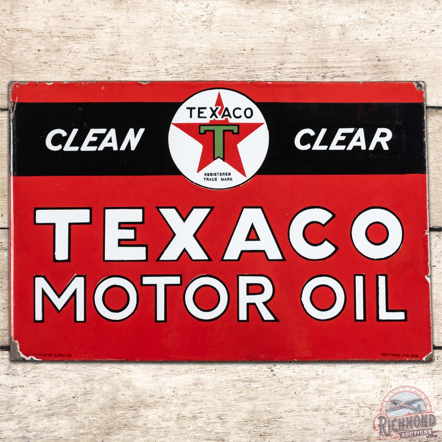 Texaco Motor Oil Clean Clear DS Porcelain Flange Sign "Black T"