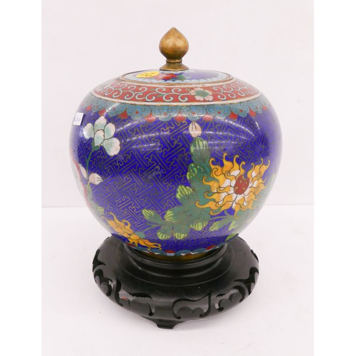 Old Chinese Covered Cloisonne Jar on Stand- 9.5''