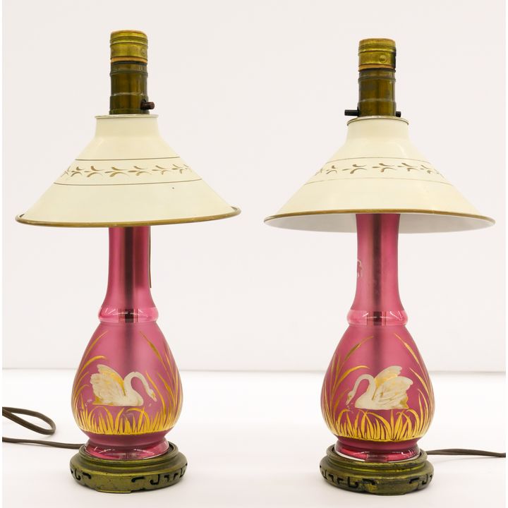 Pair Cranberry Frosted Hand painted Swan Table Lamps