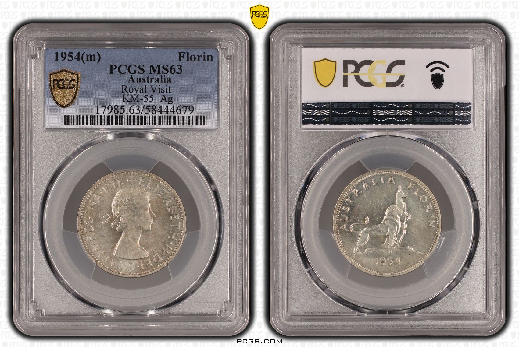 Royal Visit KM-55 Silver, Florin, 1954(m), PCGS MS63