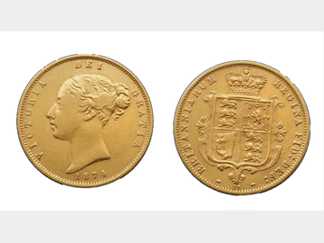 1874 Queen Victoria Young Head Shield Gold Half Sovereign.