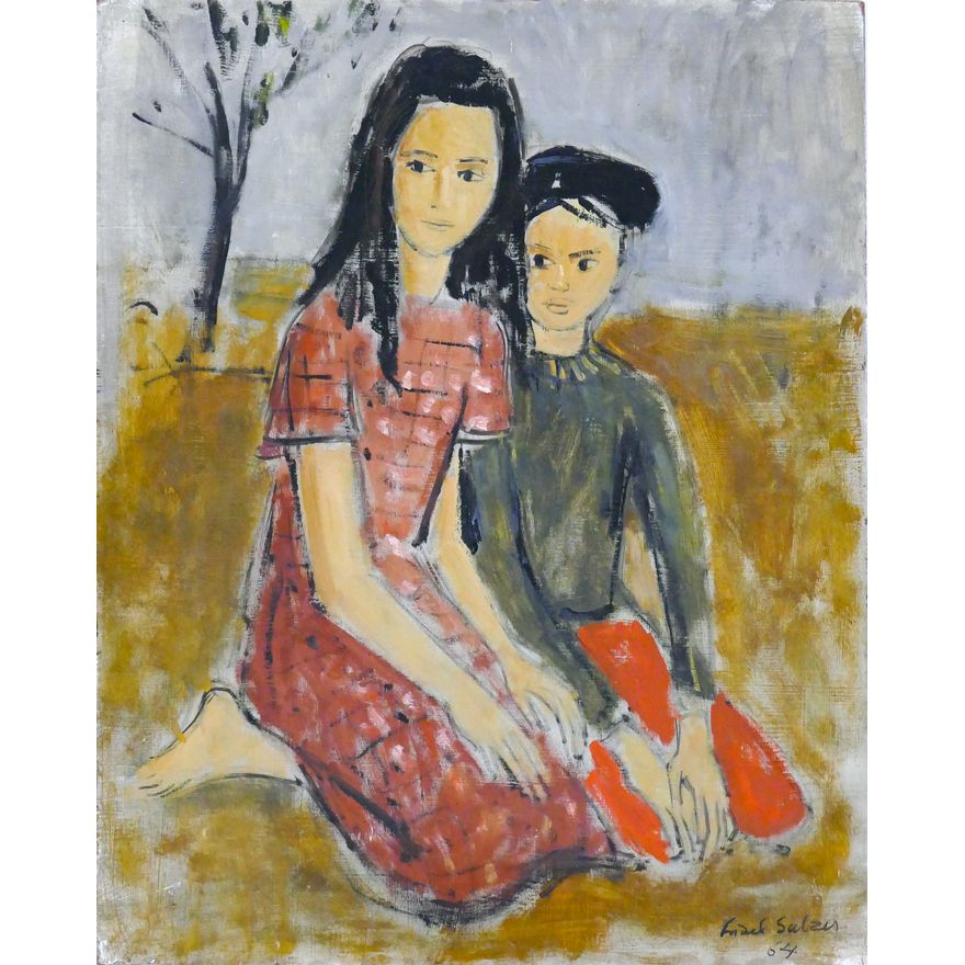 Lisel Salzer ''Seated Boy and Girl'' 1965 Oil on Masonite