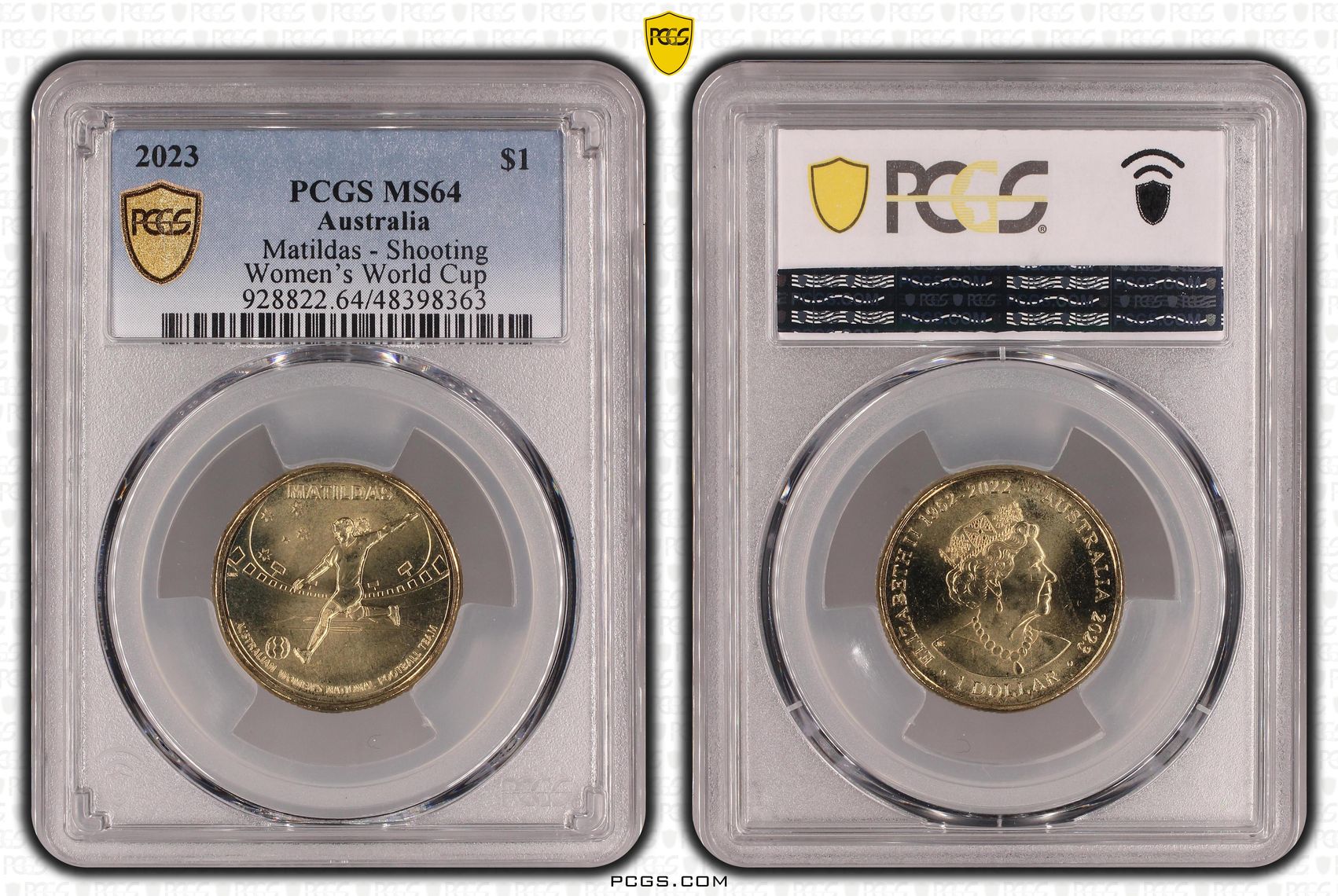 Elizabeth II, Matildas - Shooting, One Dollar, 2023, PCGS MS64