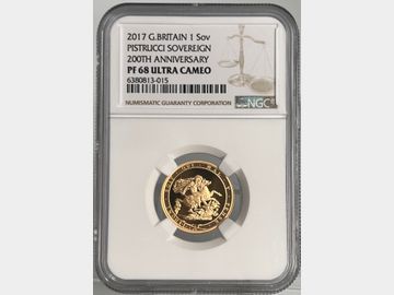 2017 ELIZABETH II 'PISTRUCCI 200TH ANNIVERSARY' PROOF GOLD SOVEREIGN PF69 UCAM