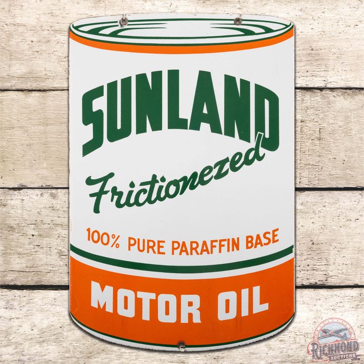 Sunland Frictionized Motor Oil DS Porcelain Quart Can Shaped Sign