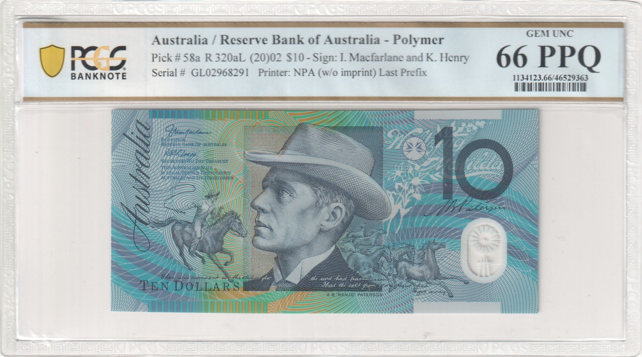 Macfarlane/Henry, Last Prefix, Ten Dollar, 2002, PCGS Gem UNC 66 PPQ