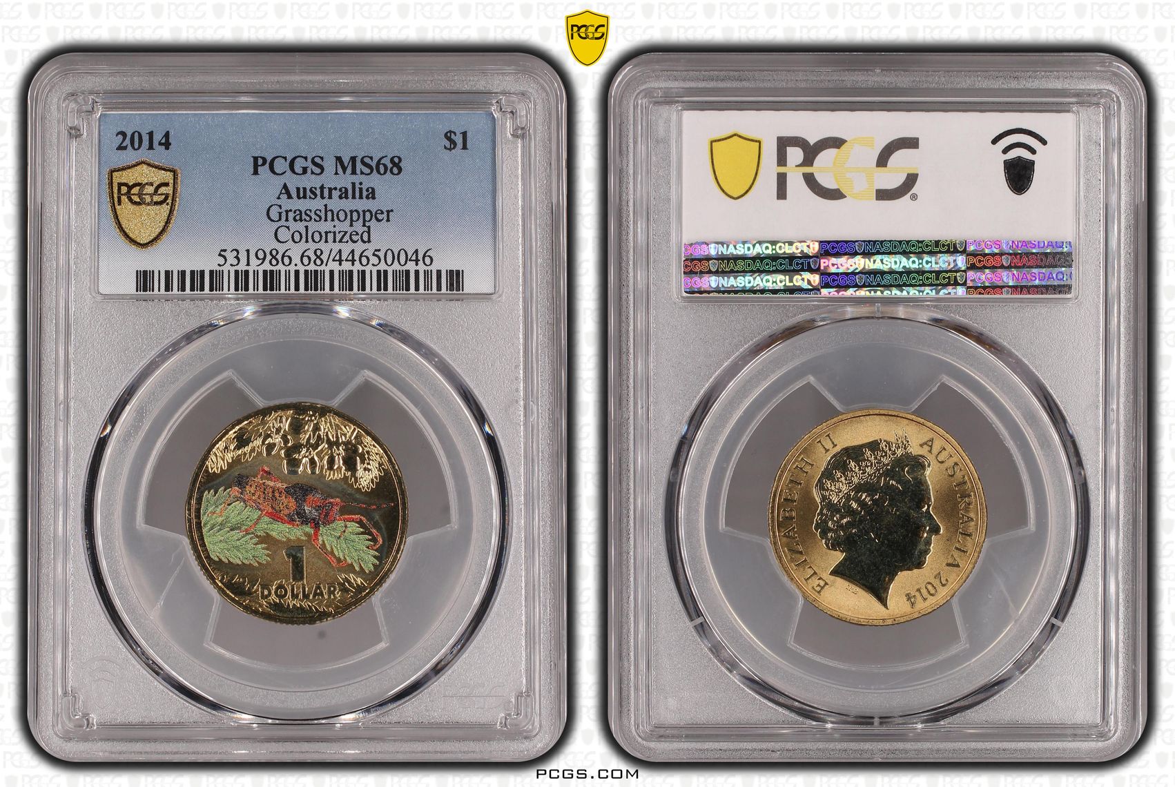 2014 Australia One Dollar, $1 Grasshopper Colorized PCGS - MS68 -046