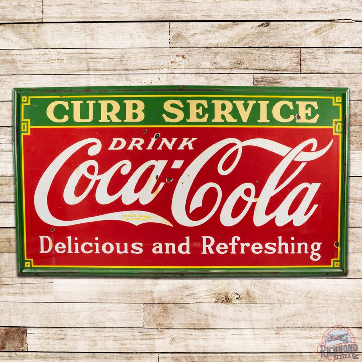 1933 Drink Coca-Cola Curb Service "Delicious and Refreshing" 8' Single Sided Porcelain Sign