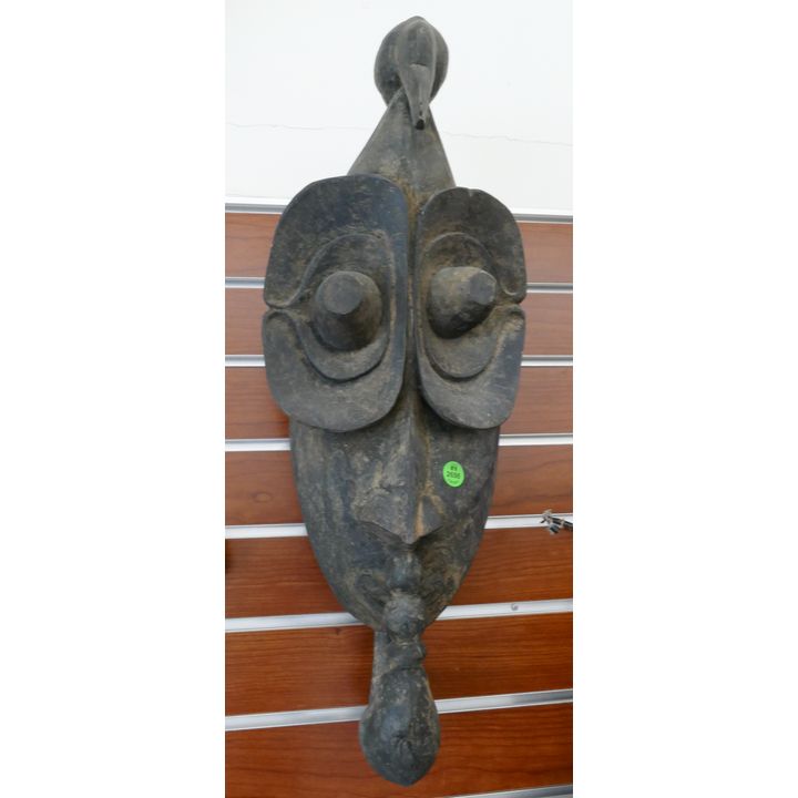 African Black Hanging Wood Mask with Bird Head Finial- 23''