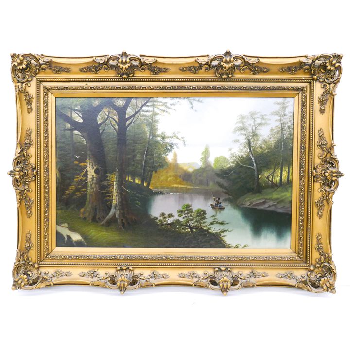 Antique American Naive River Scene Oil on Canvas Painting. Unsigned.