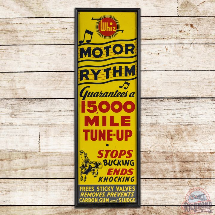 Whiz Motor Rhythm "Stops Bucking Ends Knocking" Framed Single Sided Tin Sign
