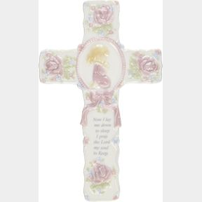 CG R8015B 8.75" CERAMIC PRAYING GIRL ON WHITE CROSS HANGING DECORATIVE