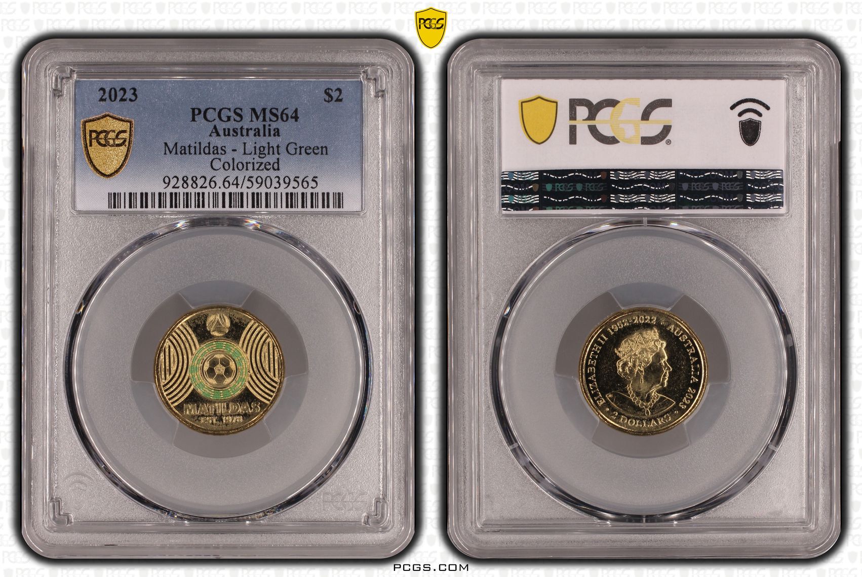 Matildas - Light Green Colorized, Two Dollar, 2023, PCGS MS64