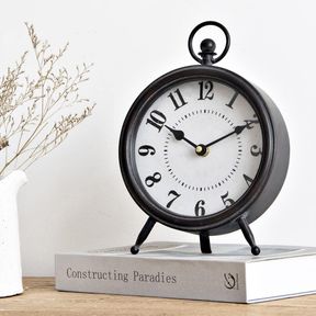 VINTAGE BLACK TABLE CLOCK ON STAND, DECORATIVE DESK AND SHELF CLOCK, RUSTIC MANTEL CLOCK FARMHOUSE CLOCK NON-TICKING