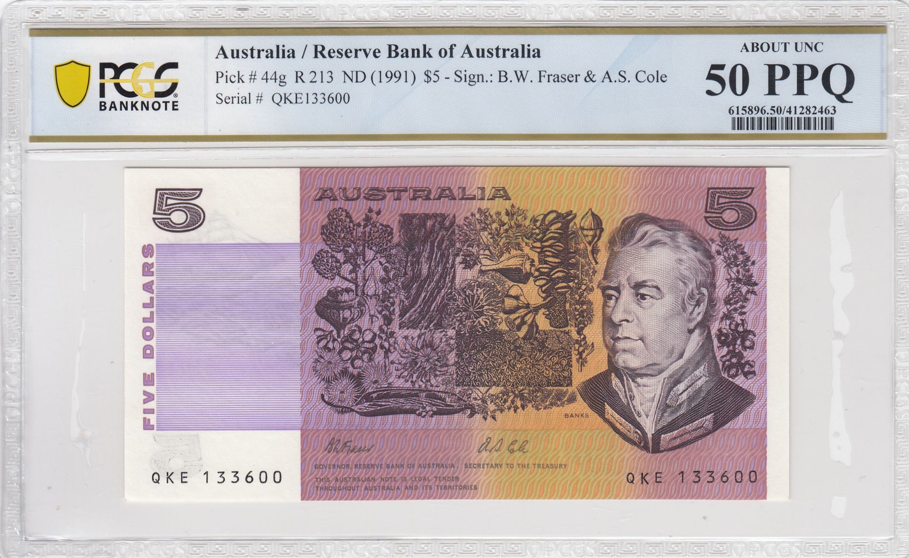 1991 Australia $5 Banknote Fraser/Cole About UNC 50 PPQ PCGS