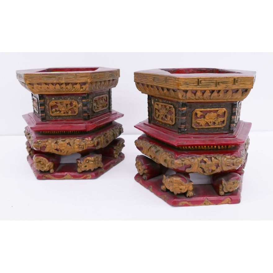 Pair Old Chinese Gilt Lacquered Wood Altar Stands- 6x6.6'' each