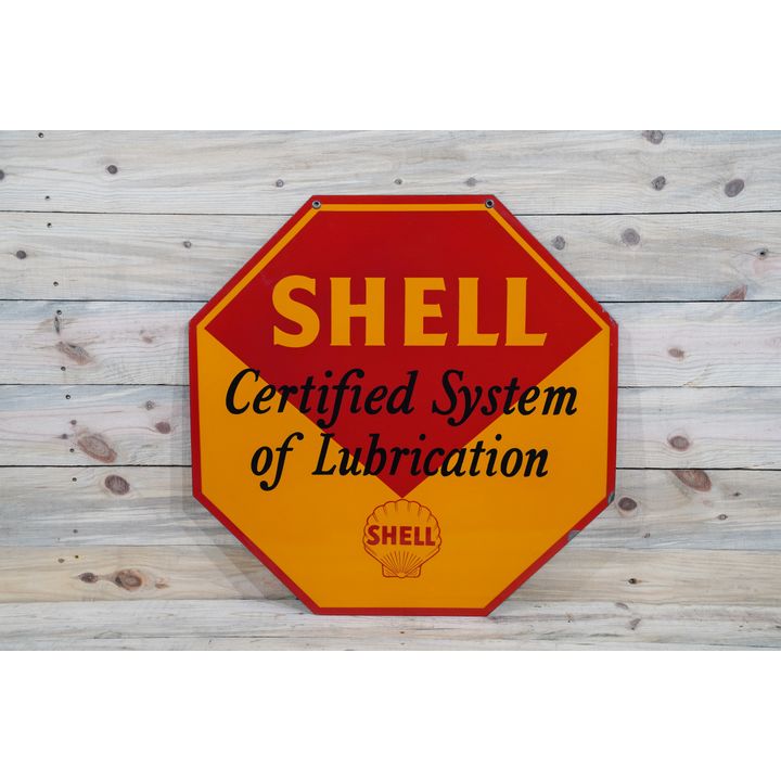 Shell Certified System of Lubrication w/ Logo Single Sided Porcelain Diecut Sign TAC 9