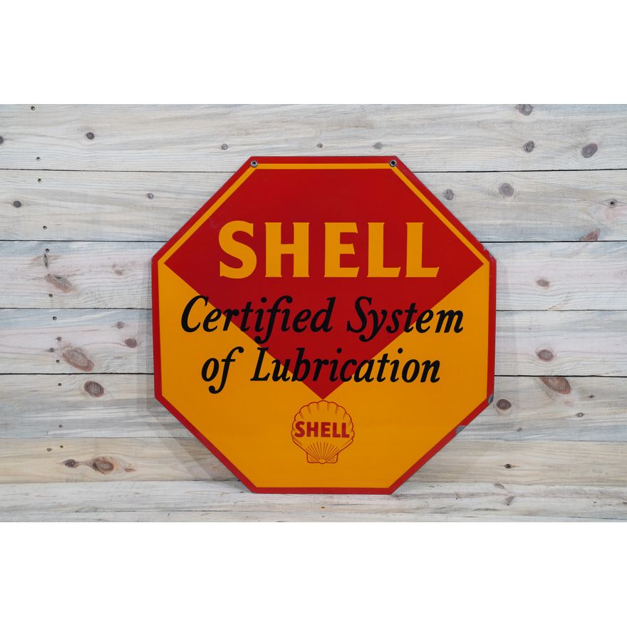 Shell Certified System of Lubrication w/ Logo Single Sided Porcelain Diecut Sign TAC 9