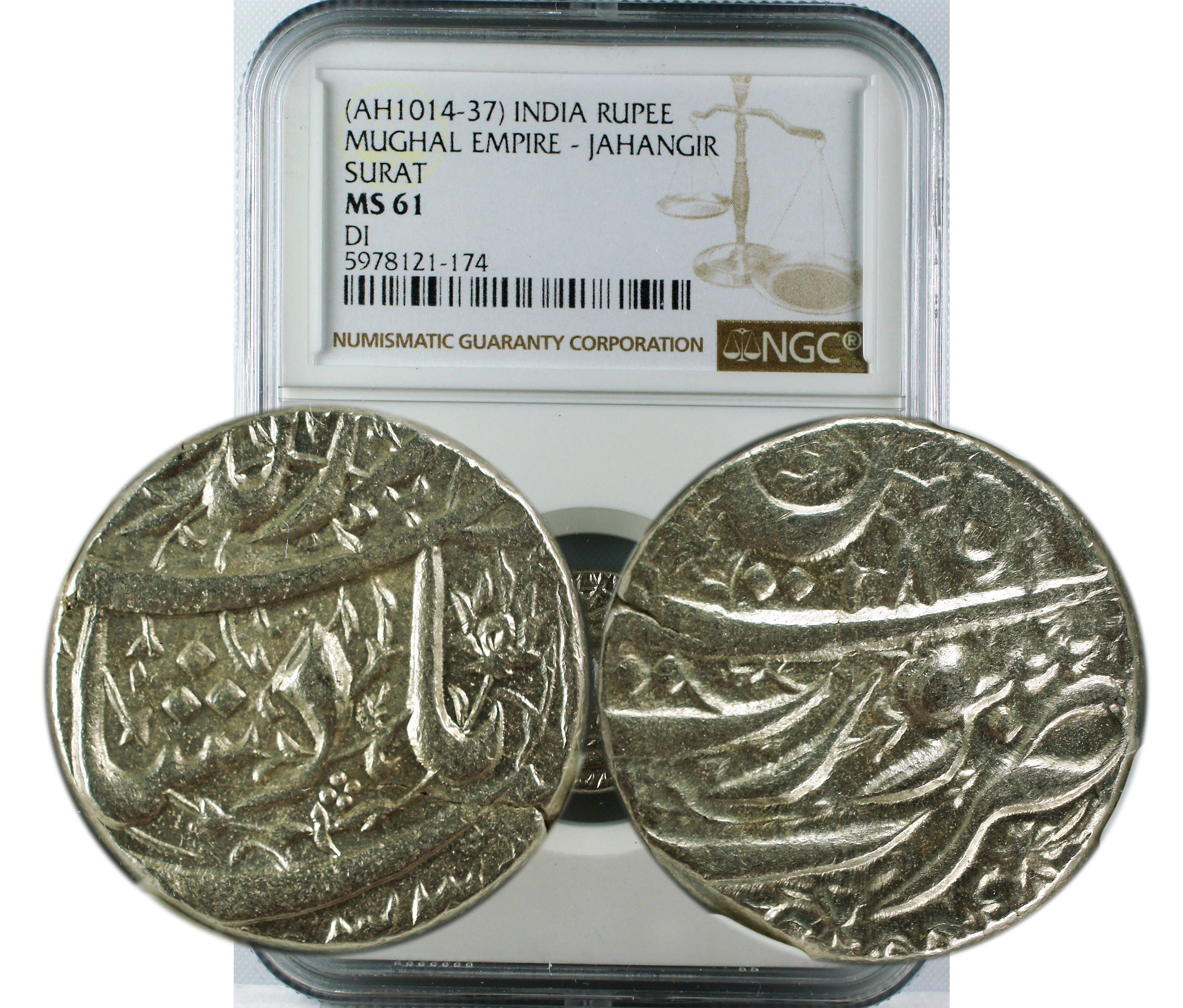 AH 1014-37 INDIA RUPEE MUGHAL EMPIRE-JAHANGIR SURAT MS61