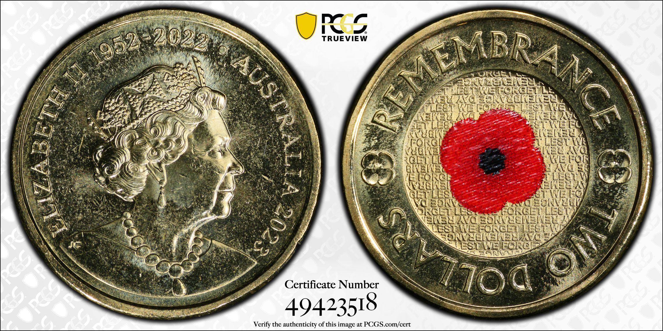 Elizabeth II, 35th Ann $2 Coin Set Colorized Remembrance Red Poppy, Two Dollar, 2023, PCGS MS65