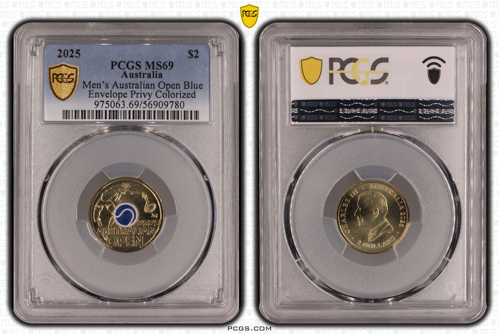 Men's Australian Open Blue Envelope Privy Colourised, Two Dollar, 2025, PCGS MS69