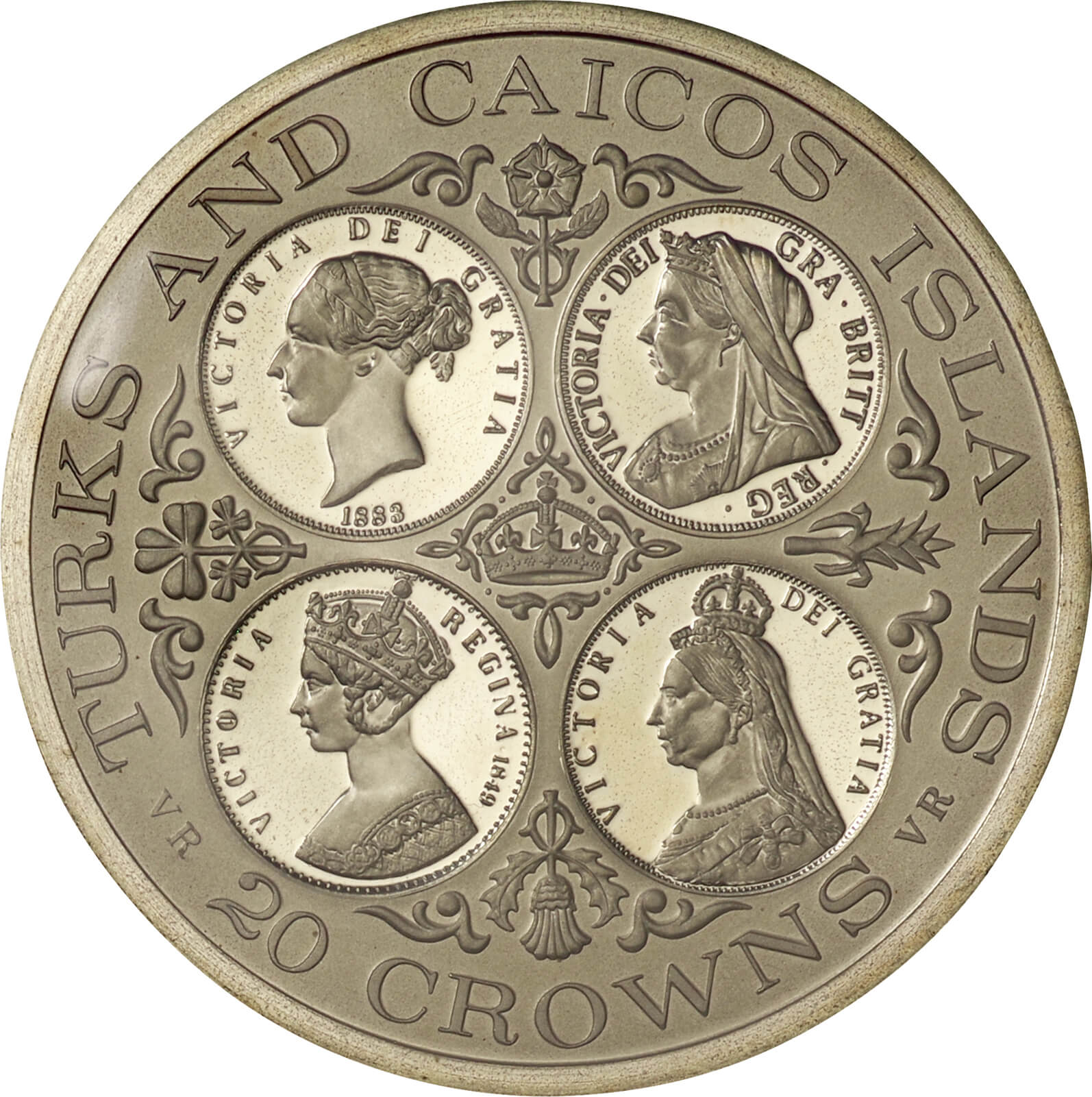 1976 ヴィクトリア女王 4肖像 20クラウン 銀貨 英領 タークス 【準最高