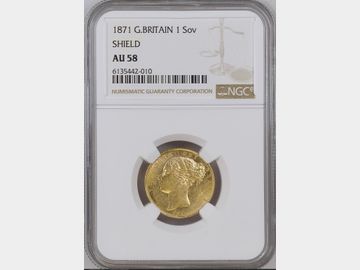 1871 VICTORIA YOUNG HEAD SHIELD GOLD SOVEREIGN AU58