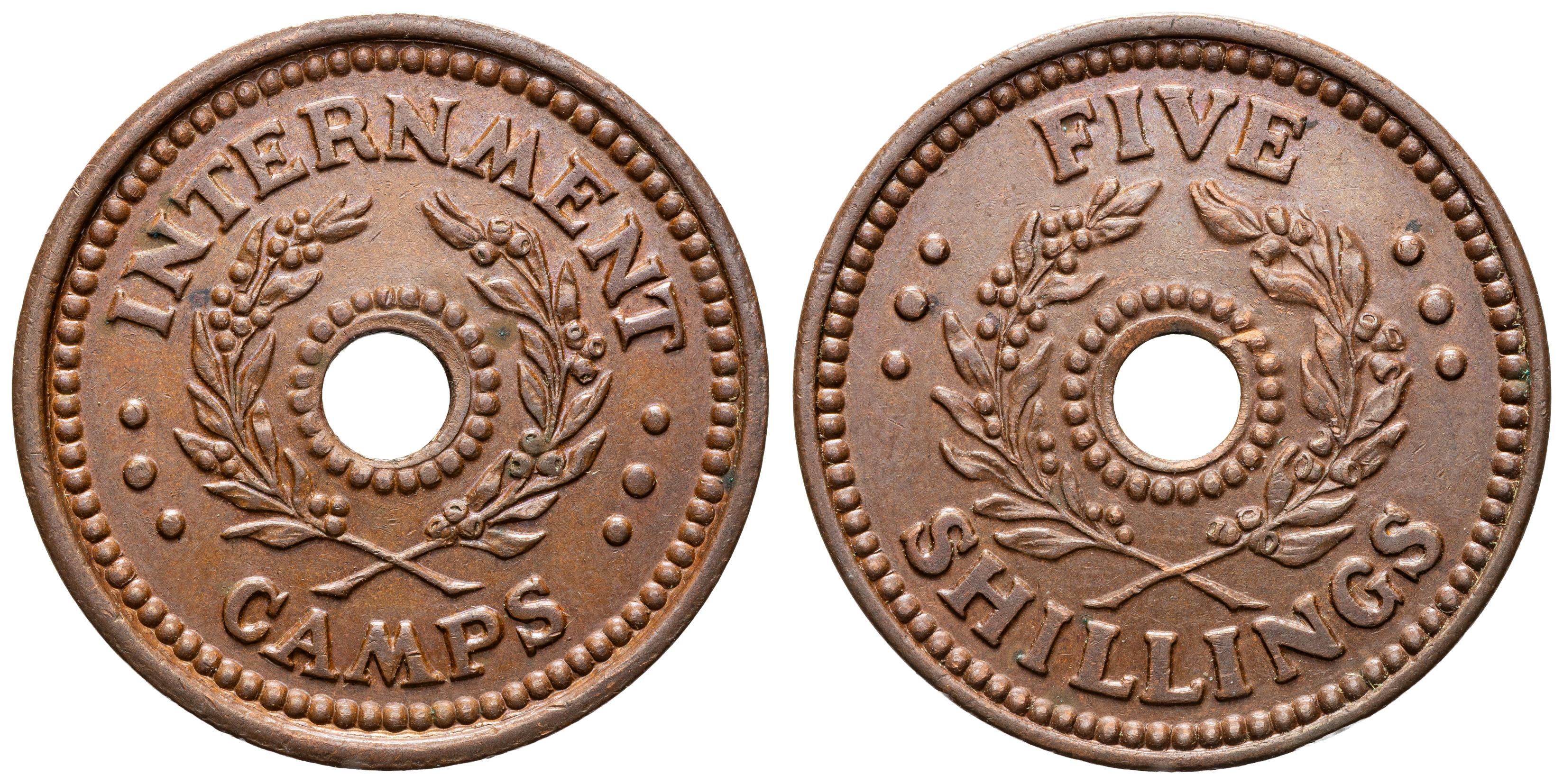 Department of Army Internment Camp Currency Token, Five Shillings, WWII, EF