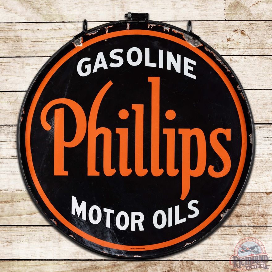 Early Phillips Gasoline Motor Oils 30" Double Sided Porcelain Sign w/ Ring