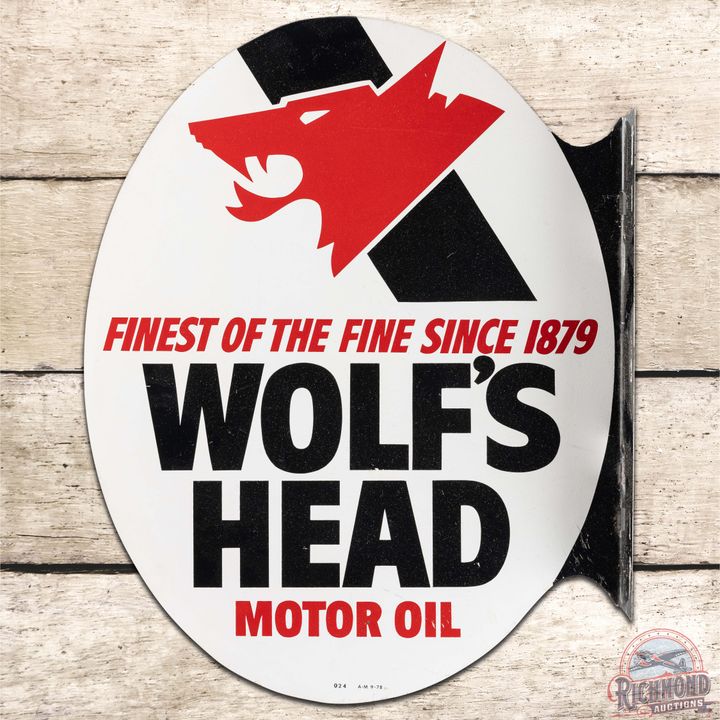 1978 Wolf's Head Motor Oil "Finest of the Fine" DS Tin Flange Sign