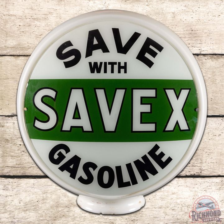 Save With Savex Gasoline 13.5" Complete Gas Pump Globe Milk Glass Body